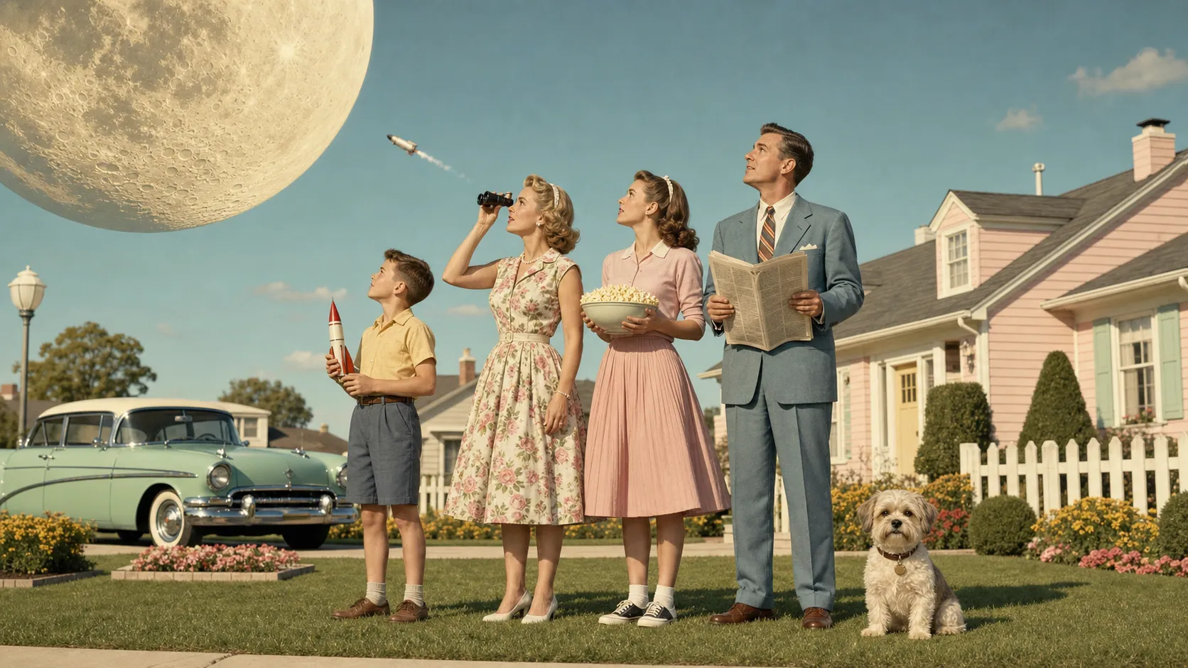 A 1950s suburban family watches through opera glasses as a tiny rocket stage approaches an enormous Moon.