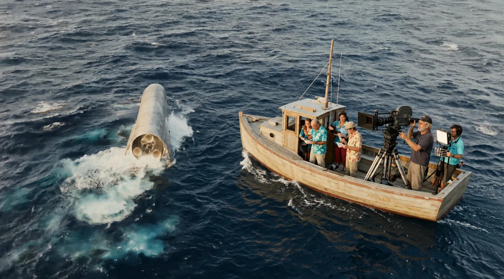 A film crew aboard a small boat records Starship floating in the ocean.