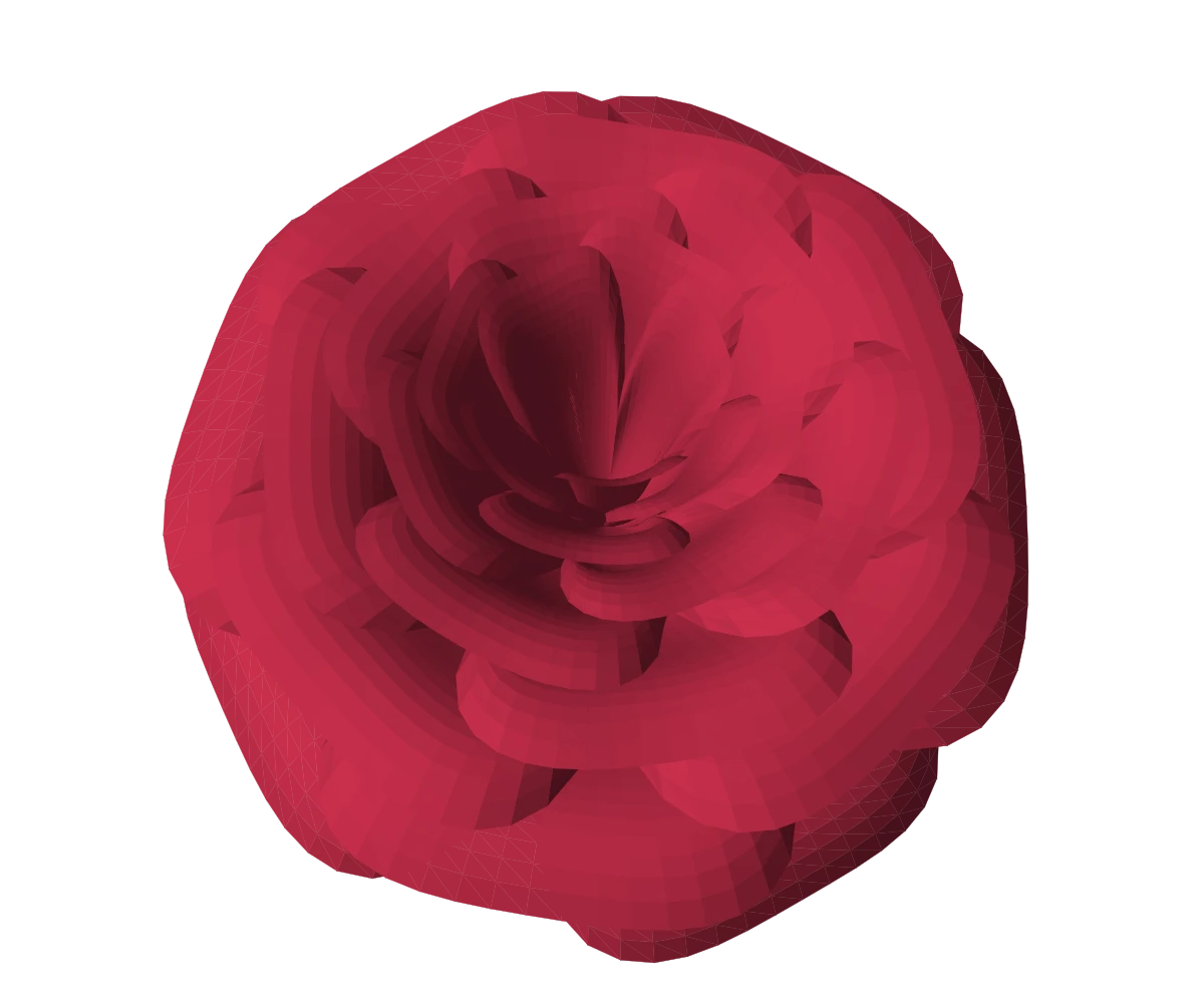 A red mathematical rose with concentric layers of curved petals, shown from above.