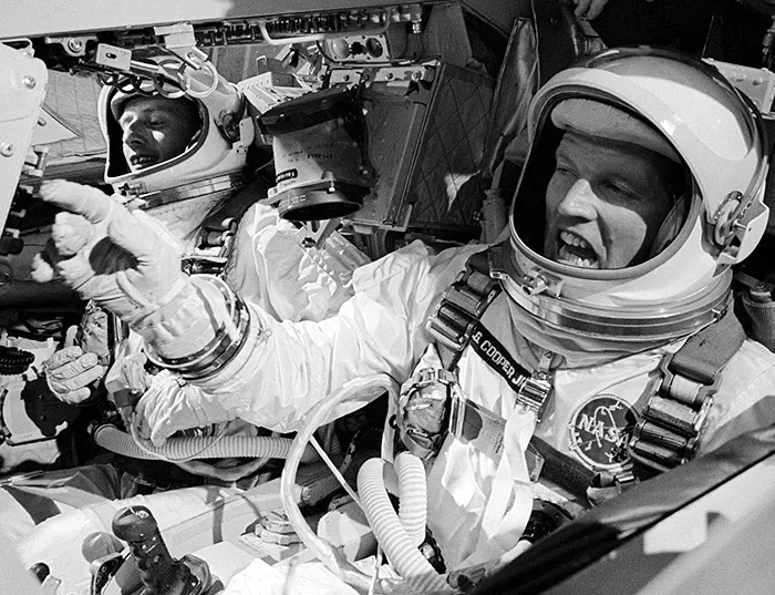 Gordon Cooper and Pete Conrad during start preparations for Gemini 5.