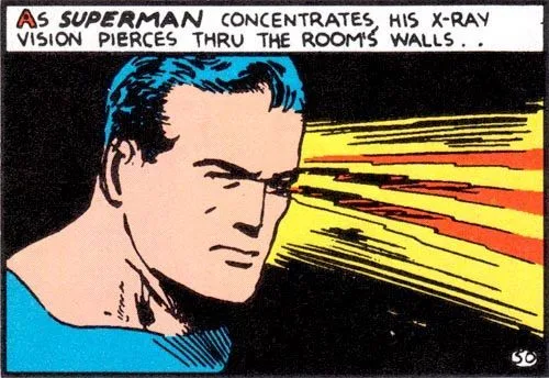 As Superman concentrates, his X-Ray vision pierces thru the room's walls.