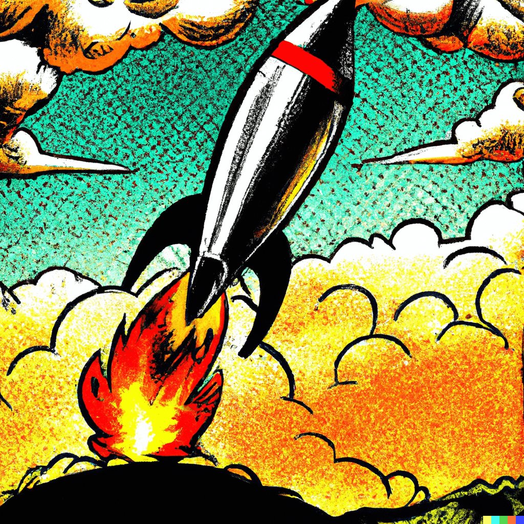 Old fashioned rocket starting from a man made hill with erupting flames in comic book style.
