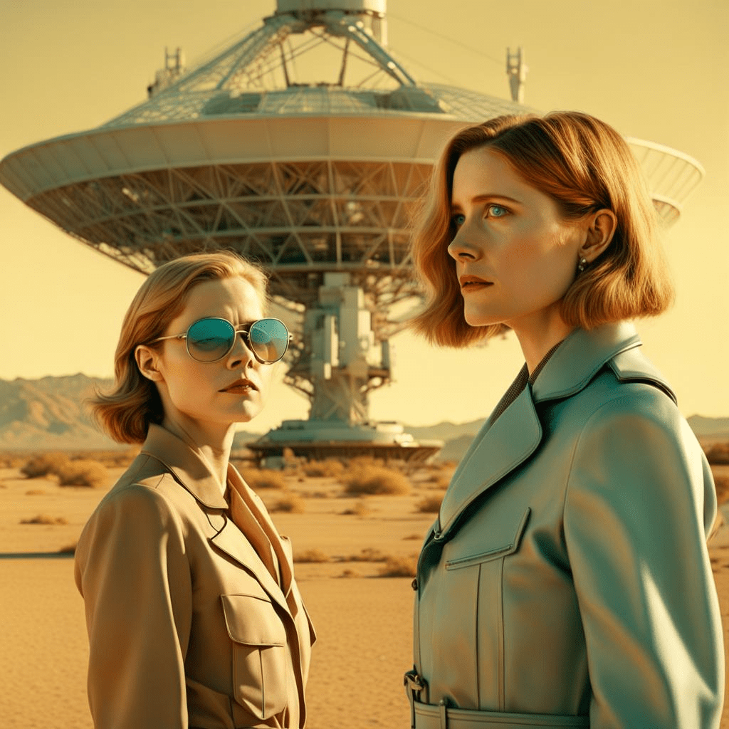 Jodie Foster and Amy Adams in front of a radio telescope.