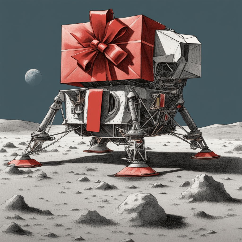 Drawing of Apollo lunar module with a red gift box.