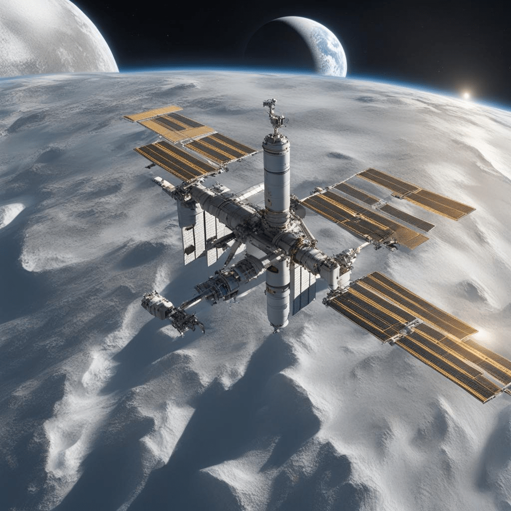 Photorealistic representation of the International Space Station ISS. In the upper left corner of the illustration is the yellow sun with protuberances. In the lower right corner an icy moon with bluish glacier formations.