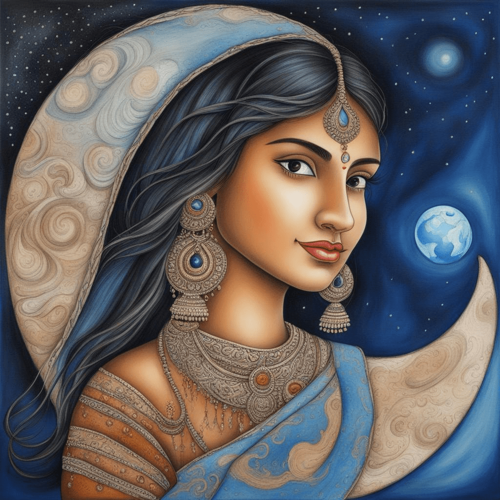 Girl in front of the crescent moon, in the background the earth in the style of traditional Indian silk painting.