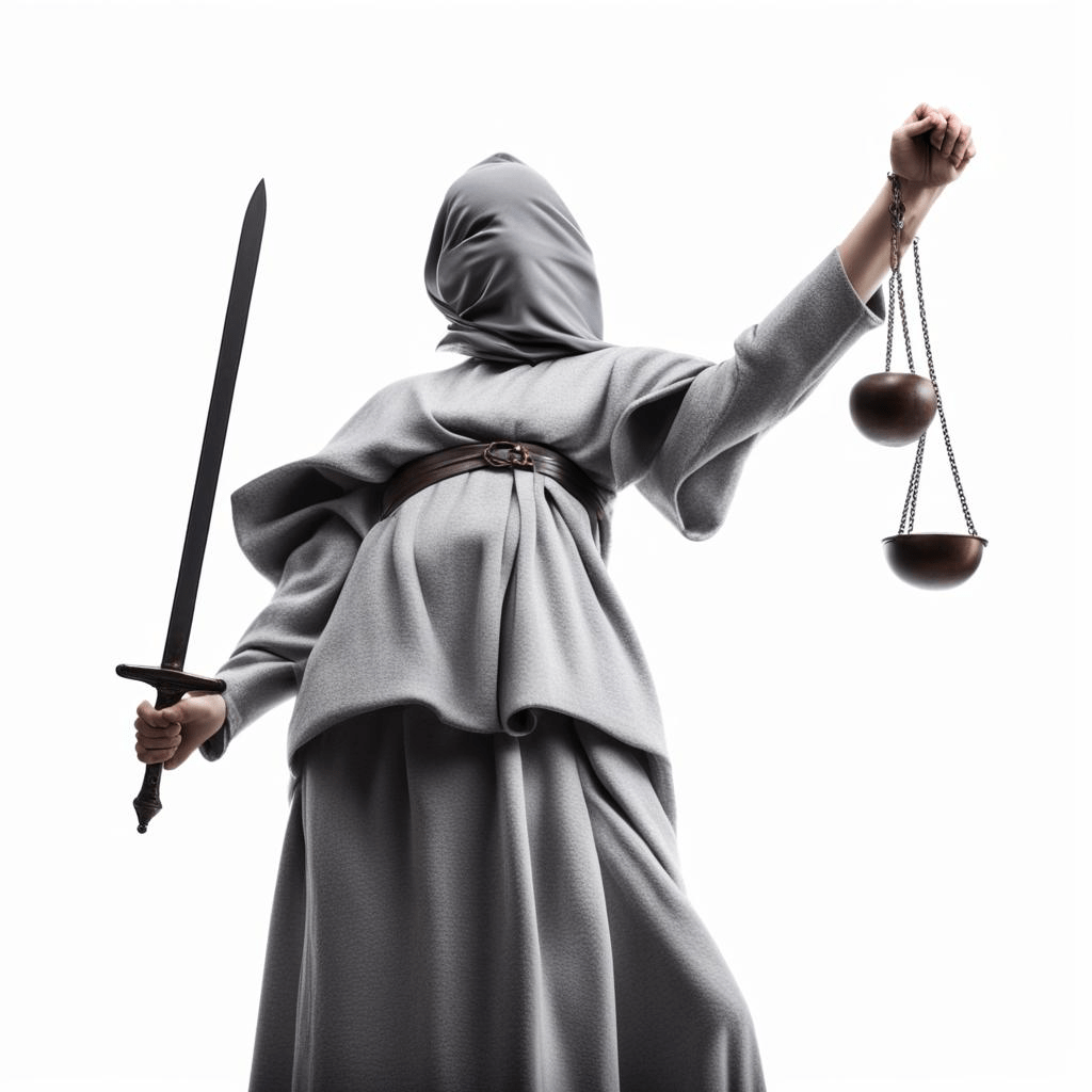 Blindfolded Justitia with sword and scales.