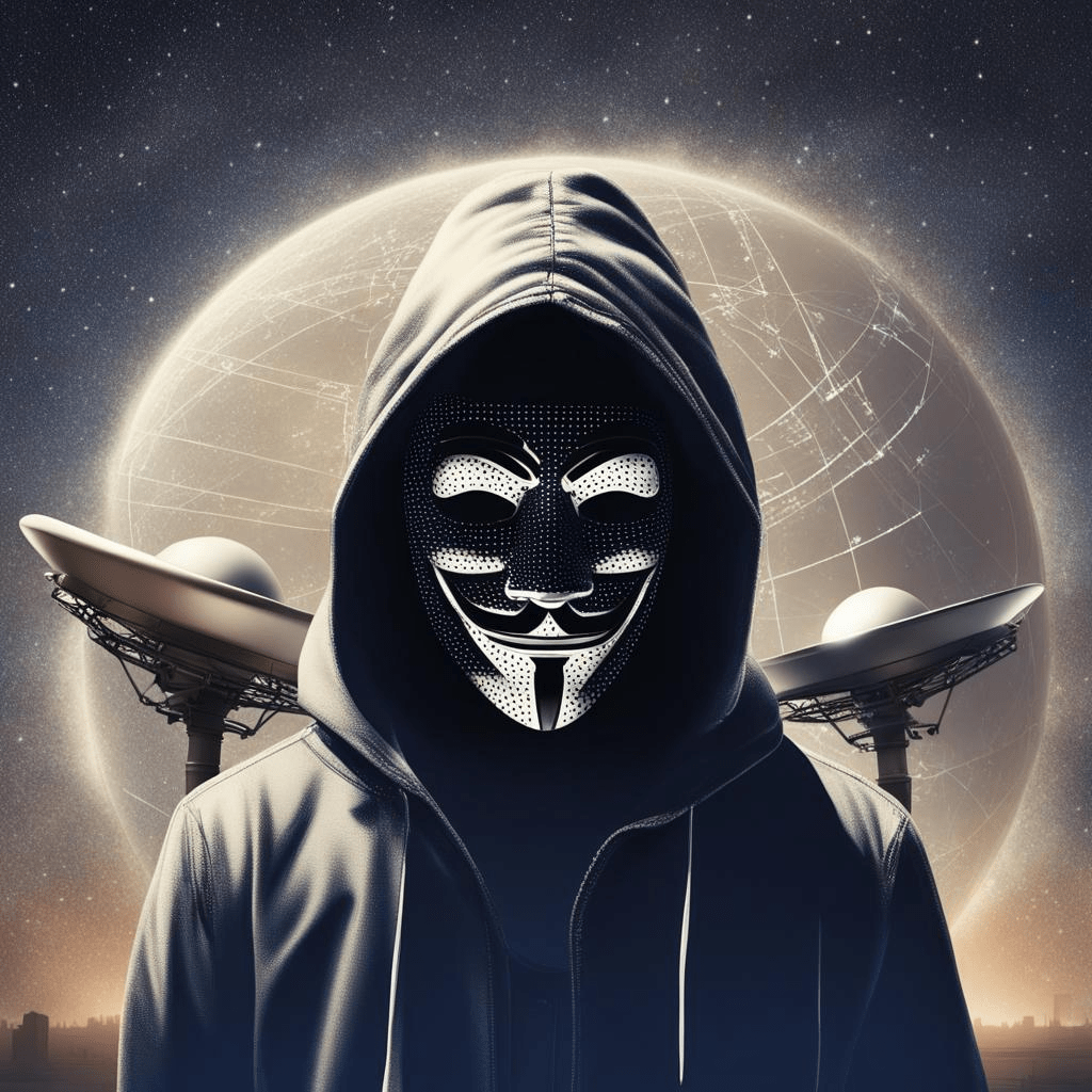 Photorealistic illustration of a hacker wearing a Guy Fawkes mask and hood in the open air at a terminal with a satellite dish. In the starry sky satellites trace their orbit.