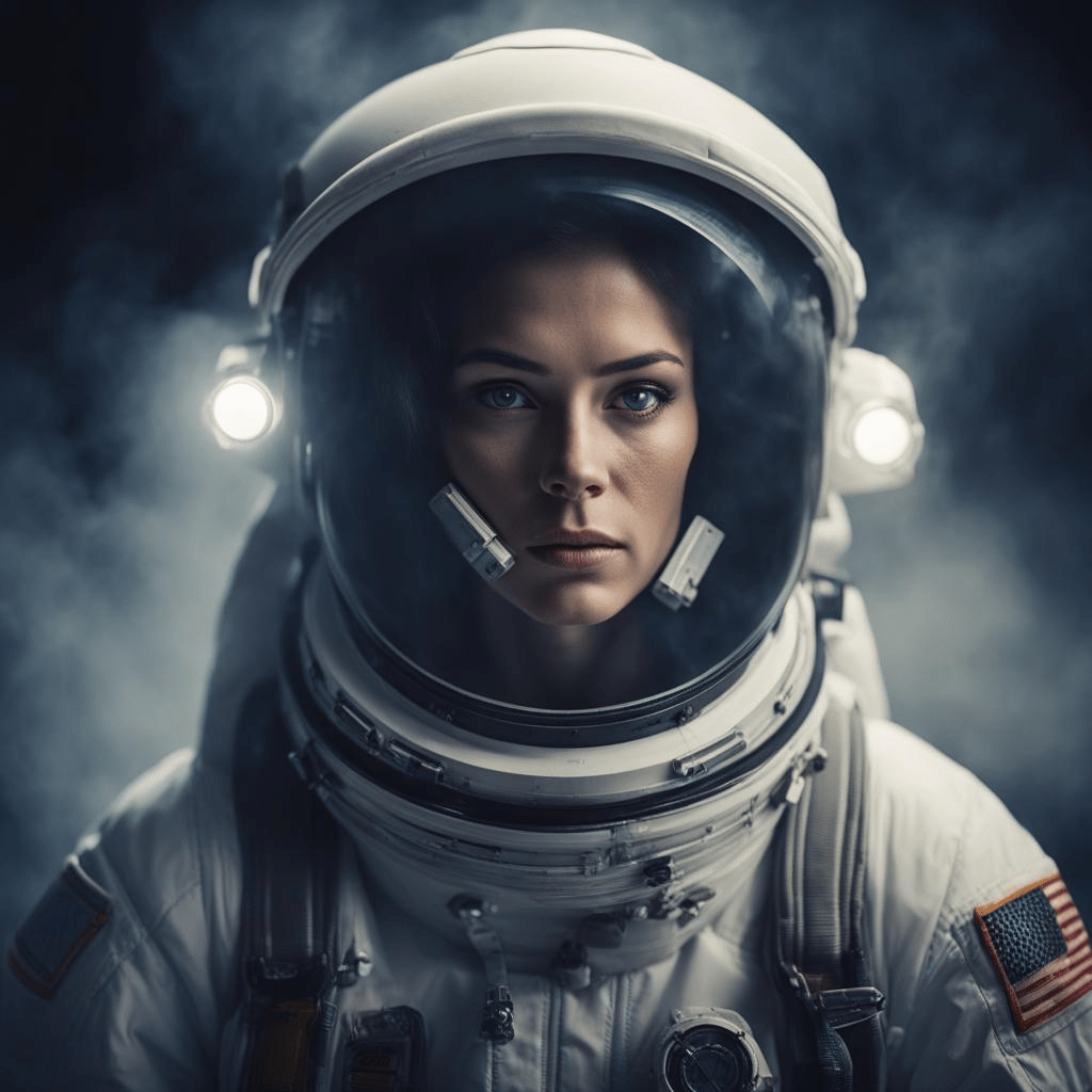 Serious looking female astronaut in smoke filled capsule