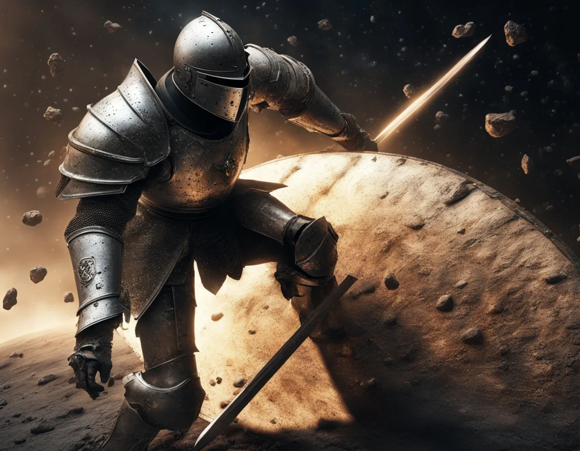 A knight who deflects asteroids with a shield.