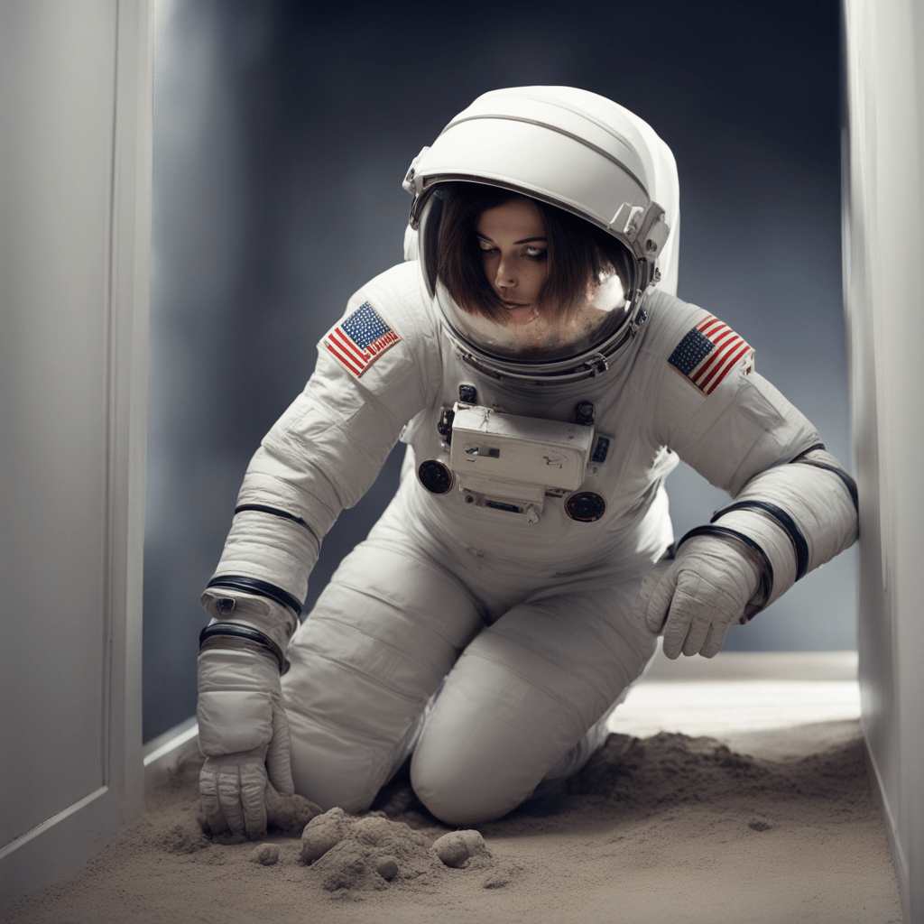 Astronaut kneeling while dusting.