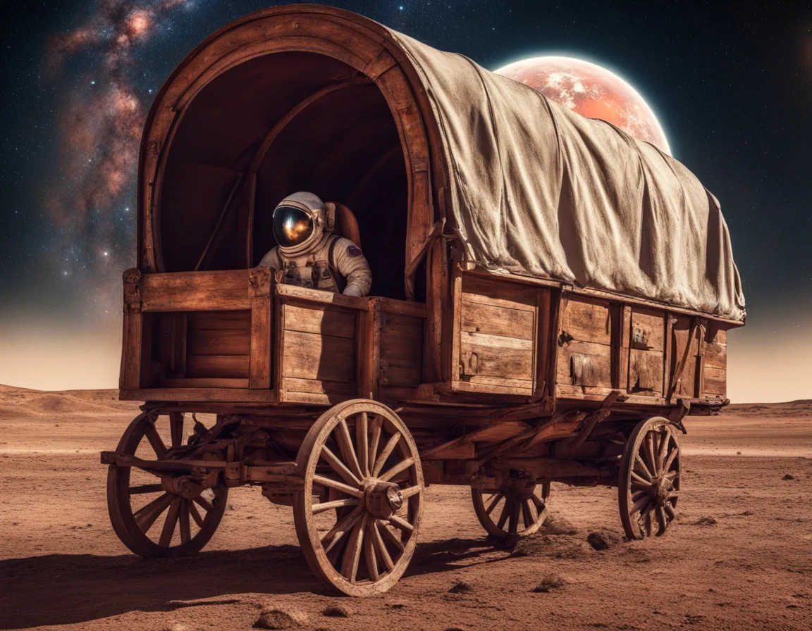 An old covered wagon with an astronaut on the coach box. In the background the universe and very large and close the planet Mars.