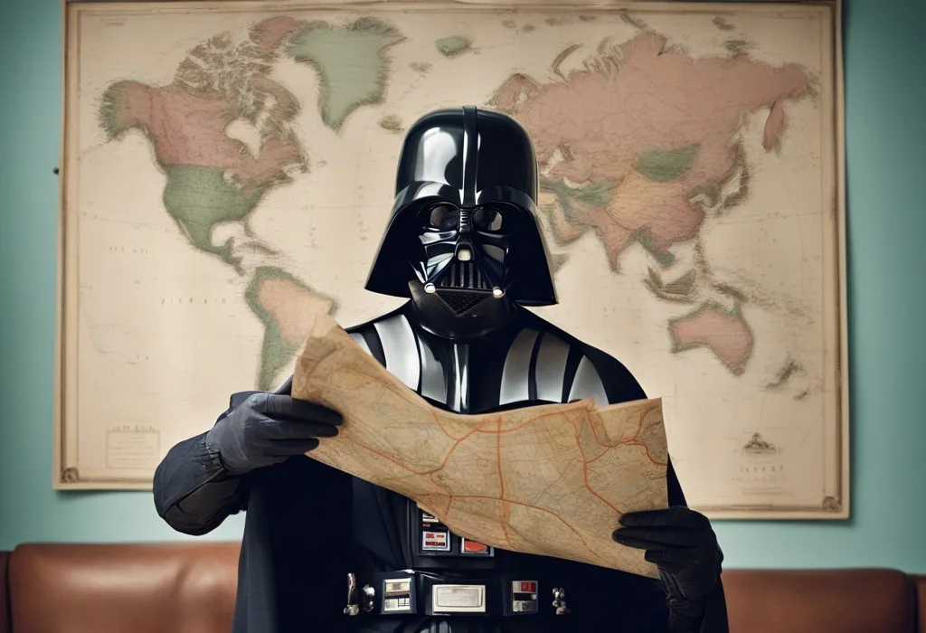 Darth Vader holding a map.