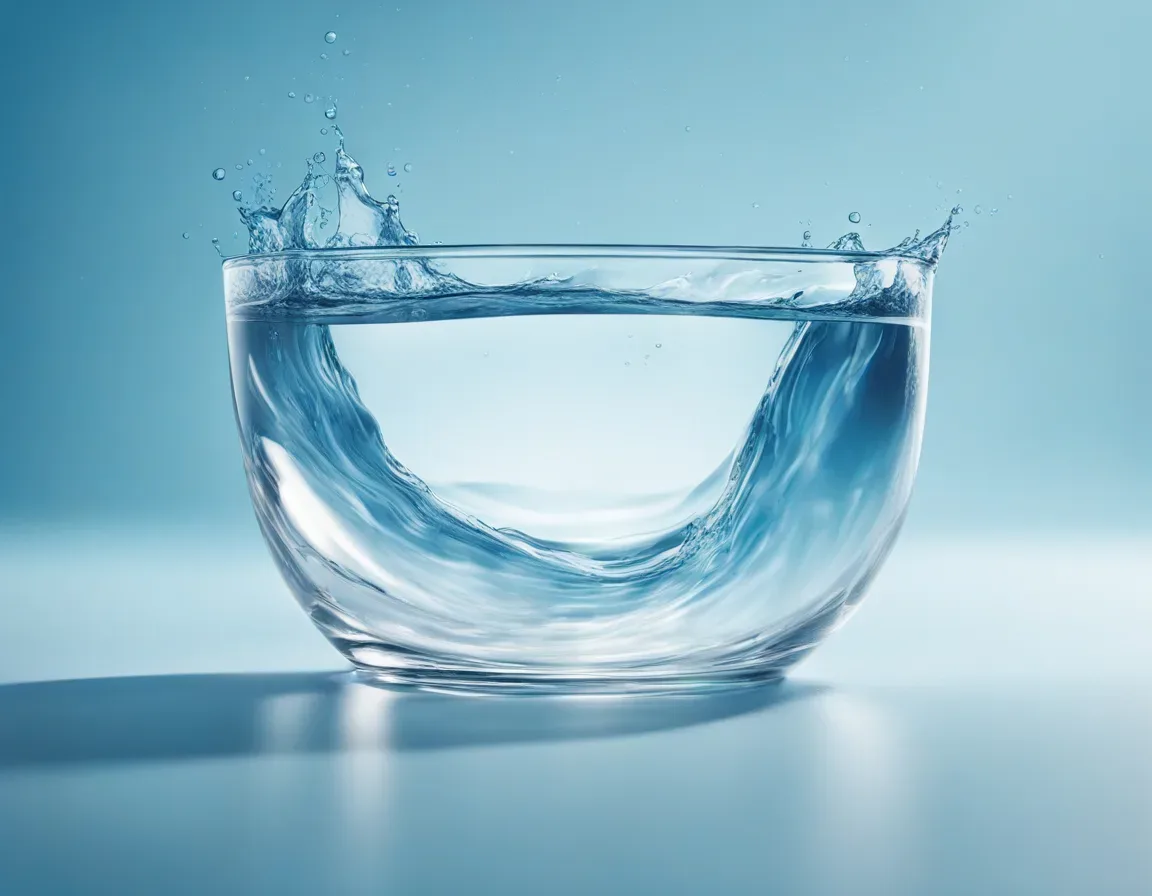 Create an image of a transparent glass container half-filled with water. The water inside is sloshing from one side to the other, creating waves and splashes. The background is a simple gradient of light blue to white, giving a sense of calmness amidst the chaotic movement of the water.