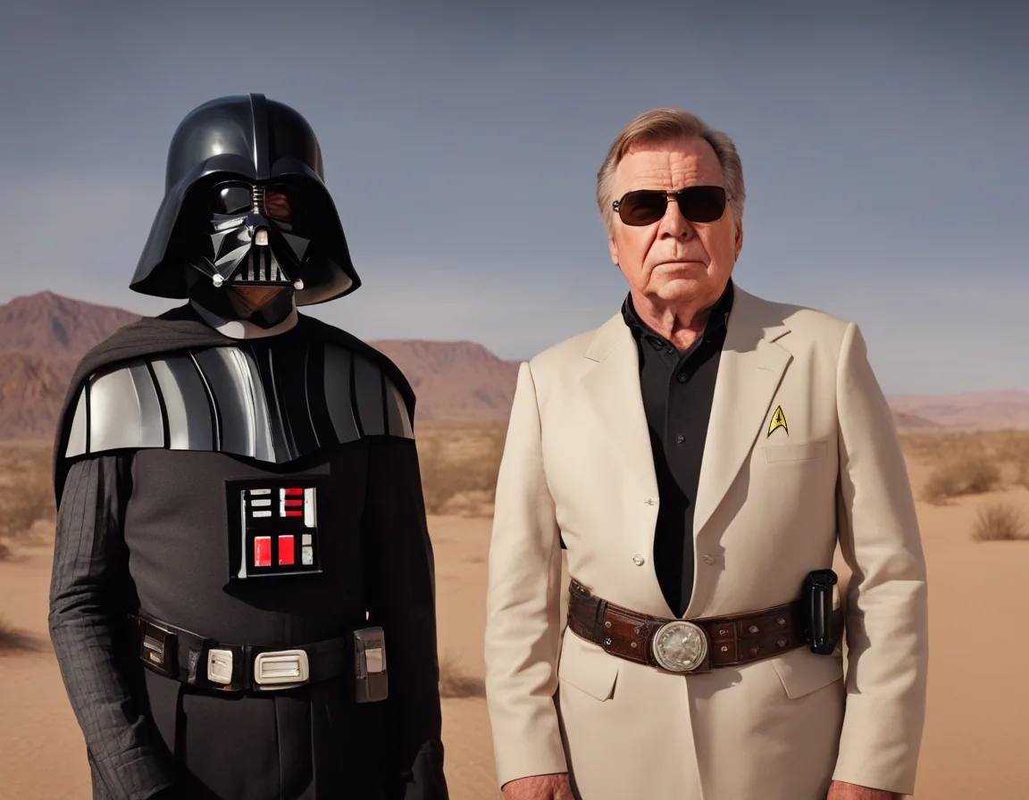 Darth Vader and Captain James T. Kirk, Wes Anderson style.