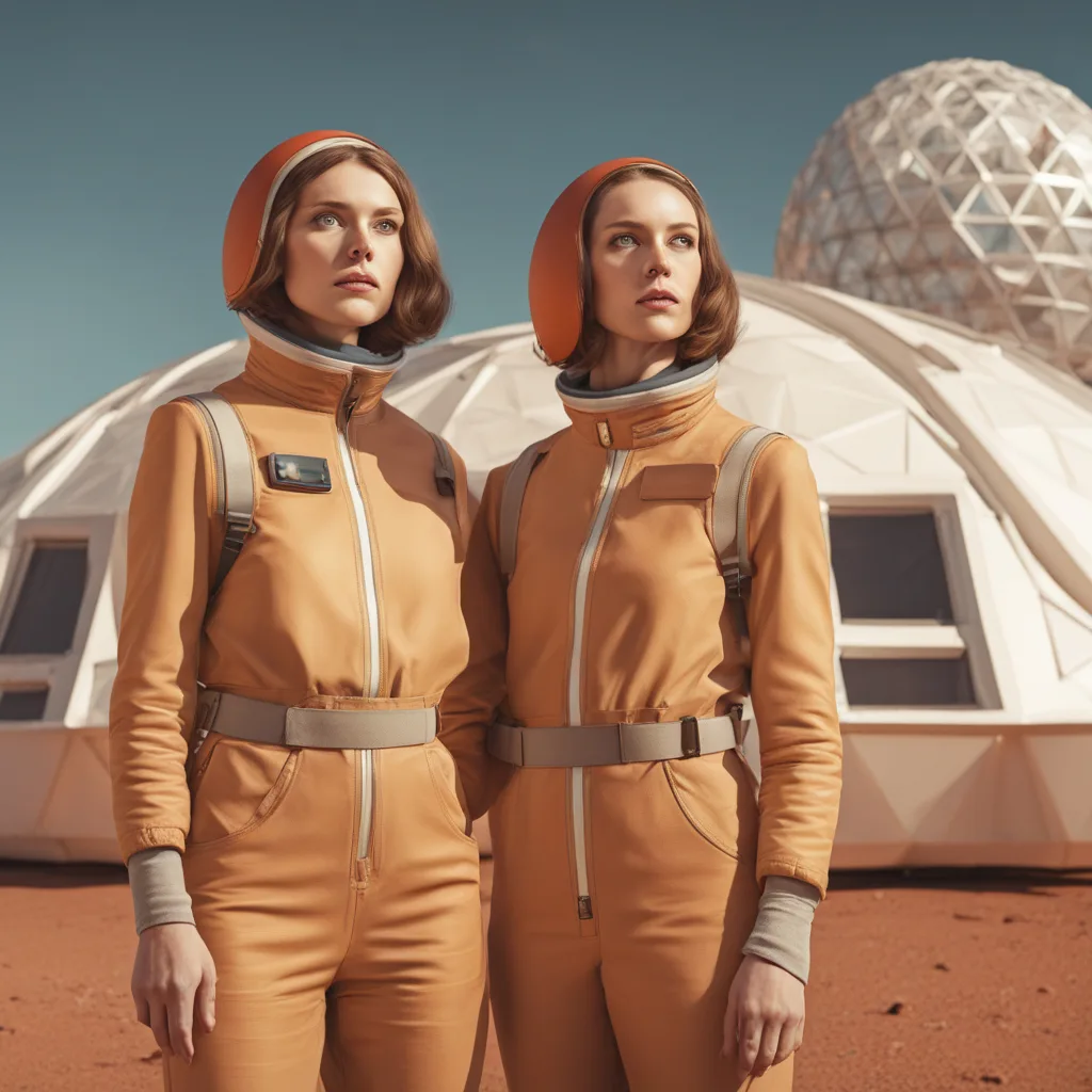 Two women on Mars, a geodesic Fuller Dome in the background.