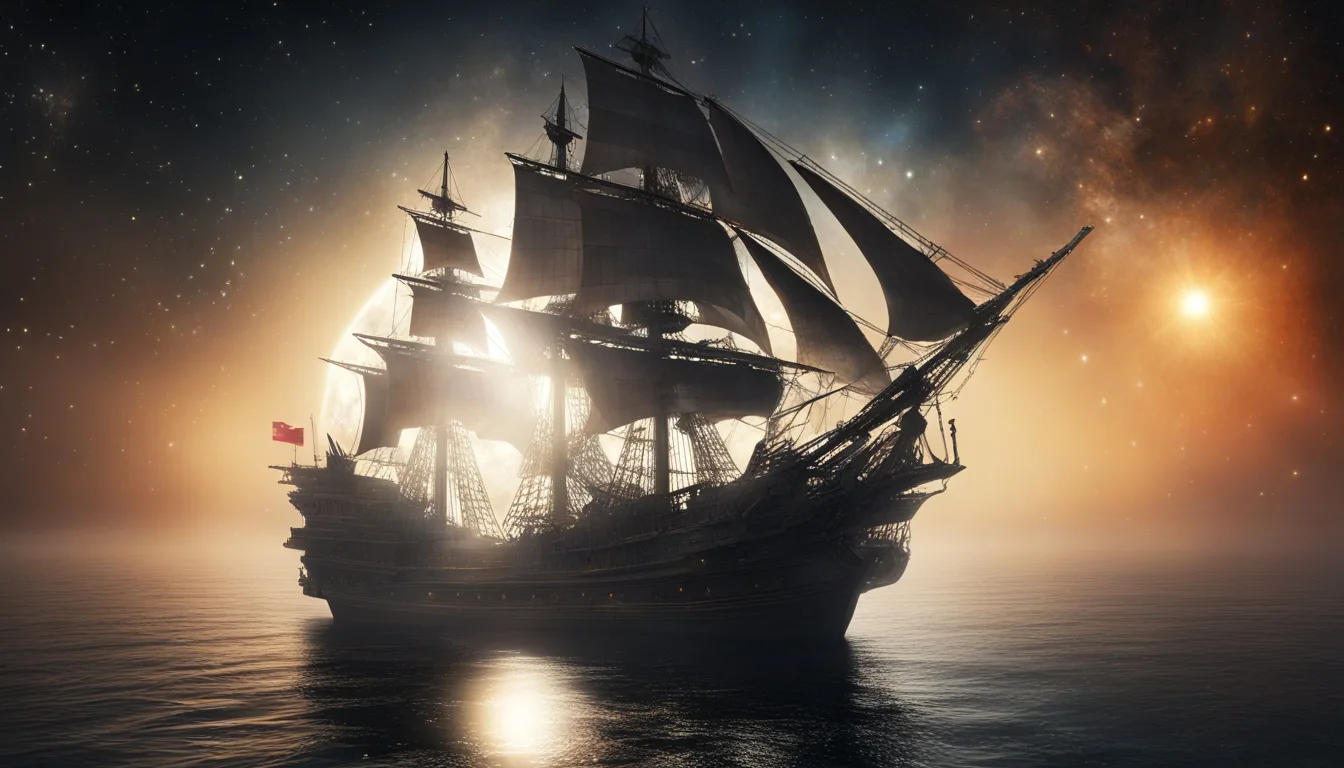 Perfect shot of a galleon sailing through space. In the background a bright sun with flares in front of the star-studded black space.