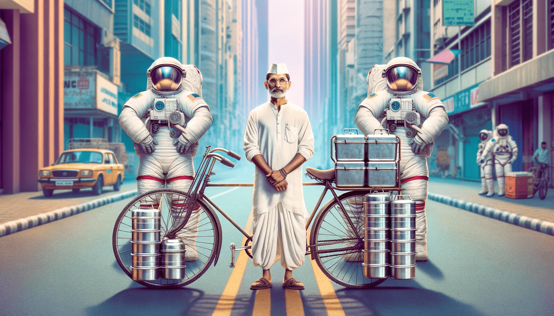 A Dabbawala from Mumbai with his bicycle and aluminum food containers supplies astronauts.