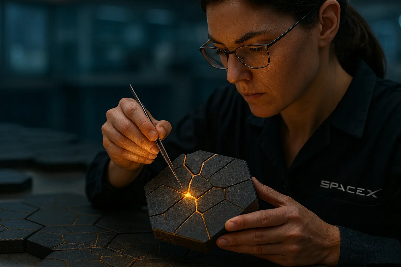 A female SpaceX engineer is shown in a dimly lit workshop, carefully repairing a cracked hexagonal Starship heat shield tile using the Japanese art of Kintsugi.
