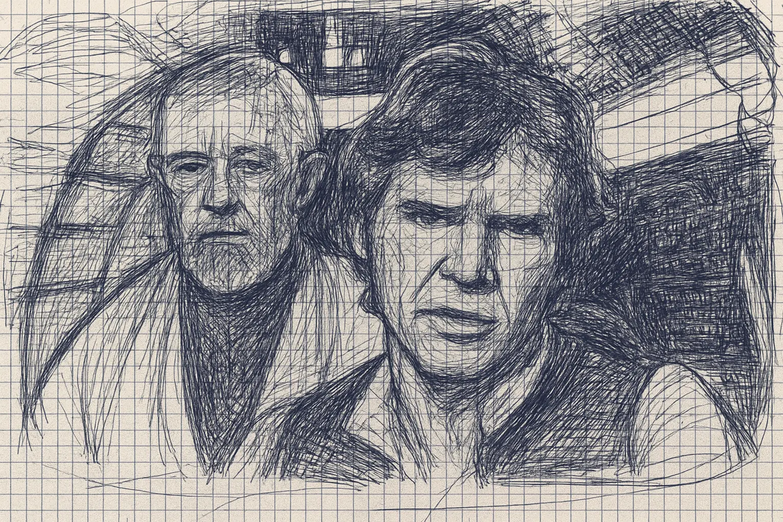 A black ballpoint pen drawing on graph paper depicts two male figures seated in a spacecraft cockpit, drawn with detailed cross-hatching and shading to convey light, depth, and motion